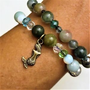 Agate, Amazonite & Bronze Mermaid Stretch Bracelet